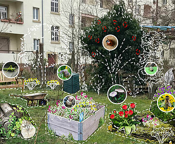 Rasenfläche mit Collage aus Gartenelementen, Tieren, Insekten und Zeichnungen mit Wohnhaus im Hintergrund