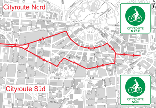Die Grafik zeigt einen Plan der Cityrouten in der Innenstadt von Karlsruhe.