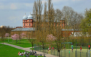 Das Schrägbild zeigt den Otto-Dullenkopf-Park mit einem Bolzplatz und dem Schloss Gottesaue im Hintergrund