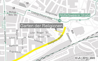 Das Bild zeigt einen Kartenausschnitt des Anfahrtswegs zum Garten der Religionen in Karlsruhe. 