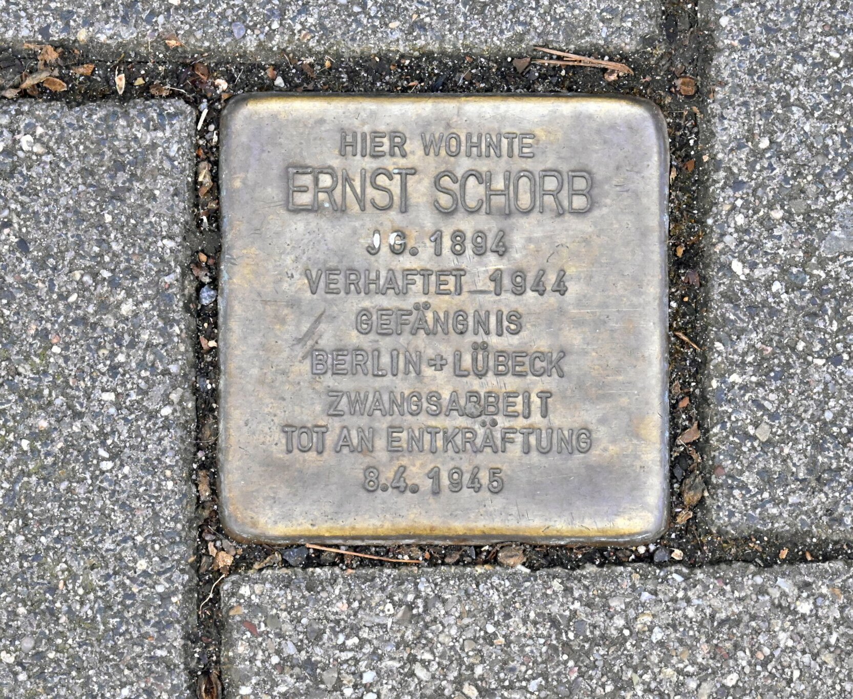 Der Stolperstein vor der Sophienstraße 97 erinnert an das Schicksal Ernst Schorbs, der 1945 starb.