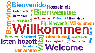 Das Bild zeigt Willkommen in vielen Sprachen.